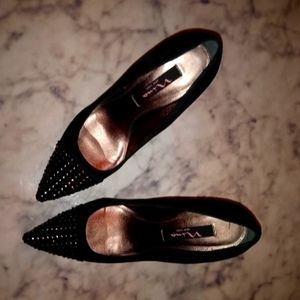 Nina black leather upper pointed toe heels